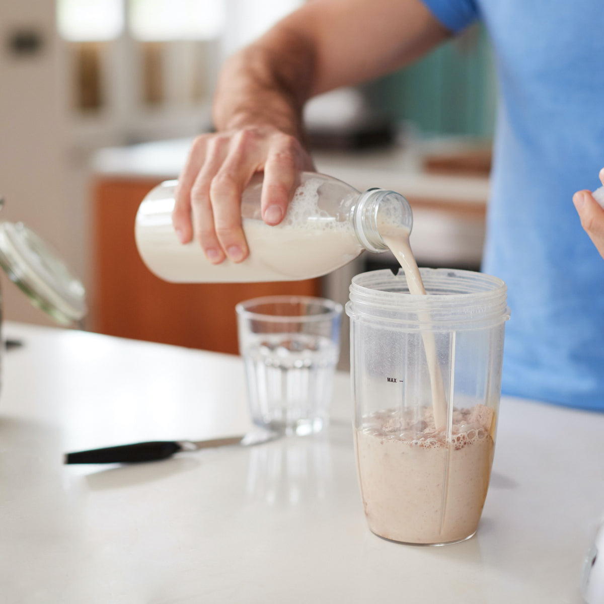 I use a milk frother to turn 8oz of almond milk and protein powder